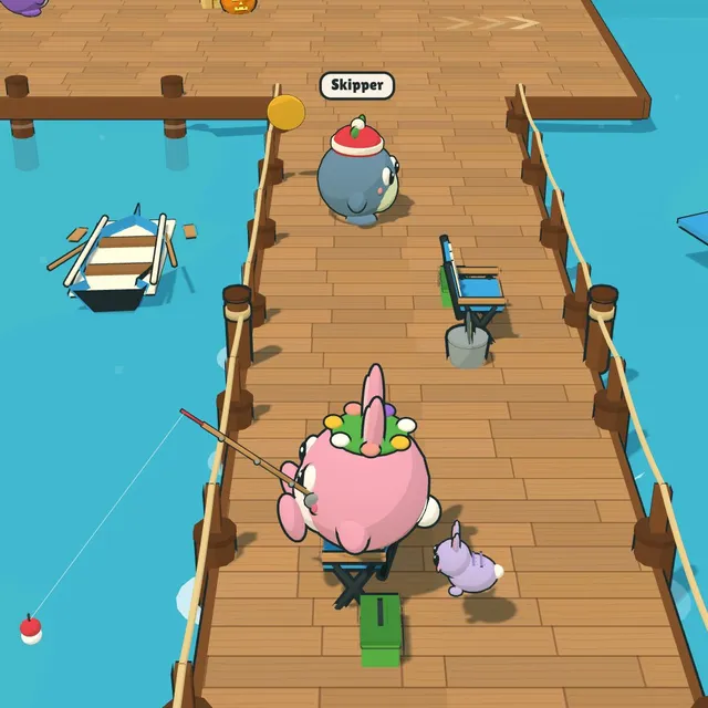 A critter fishing off the wooden dock